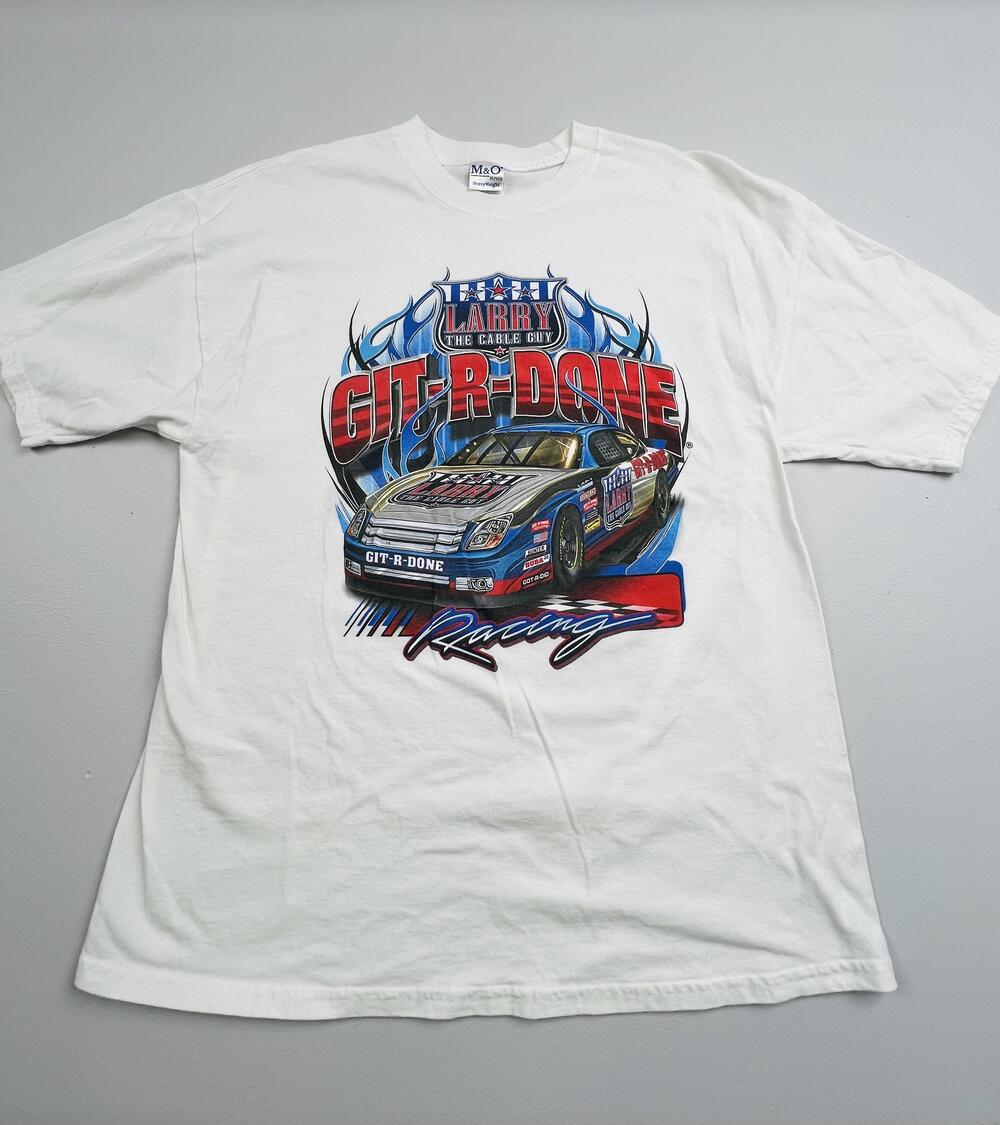 M&O Knits Shirt Mens XL White Larry The Cable Guy Git-R-Done Racing Graphic Tee